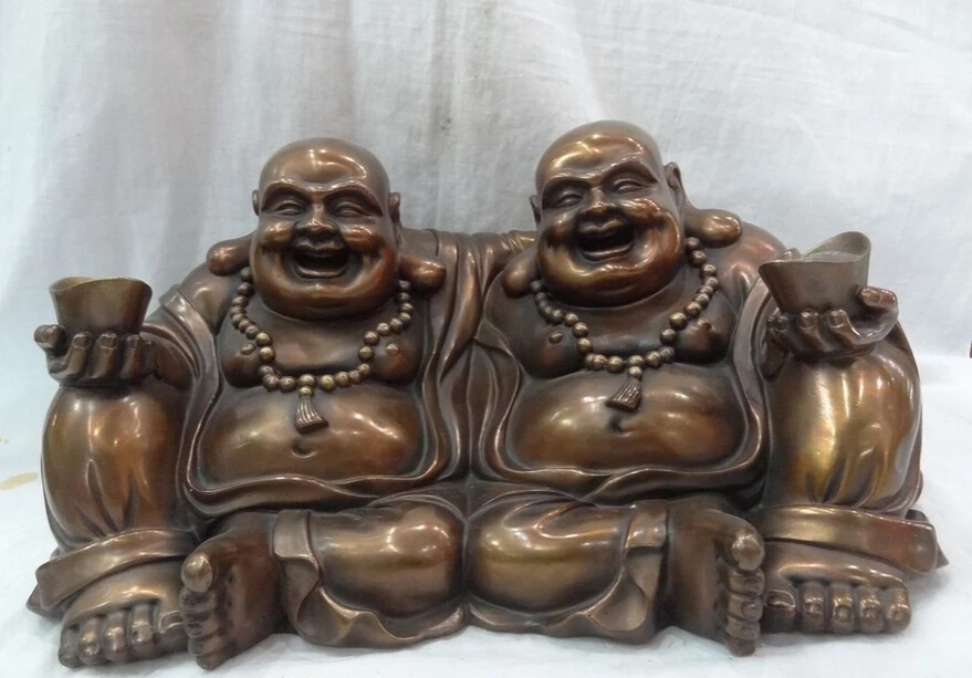 

USPS to USA S1153 18" Chinese Bronze Buddhism Fu YuanBao 2 Happy Laughing Maitreya Buddha Statue (B0328)