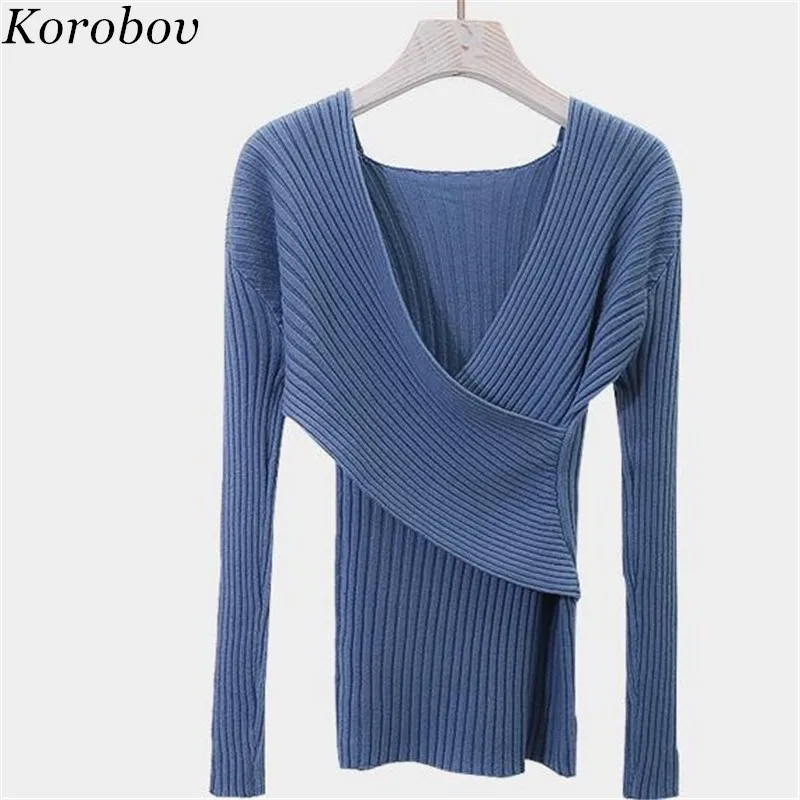Korobov Solid Criss-Cross Women Tops Sweaters Long Sleeve V-neck Sueter Mujer Pullovers Autumn Winter Thick Warm Knitwear 51205 | Женская
