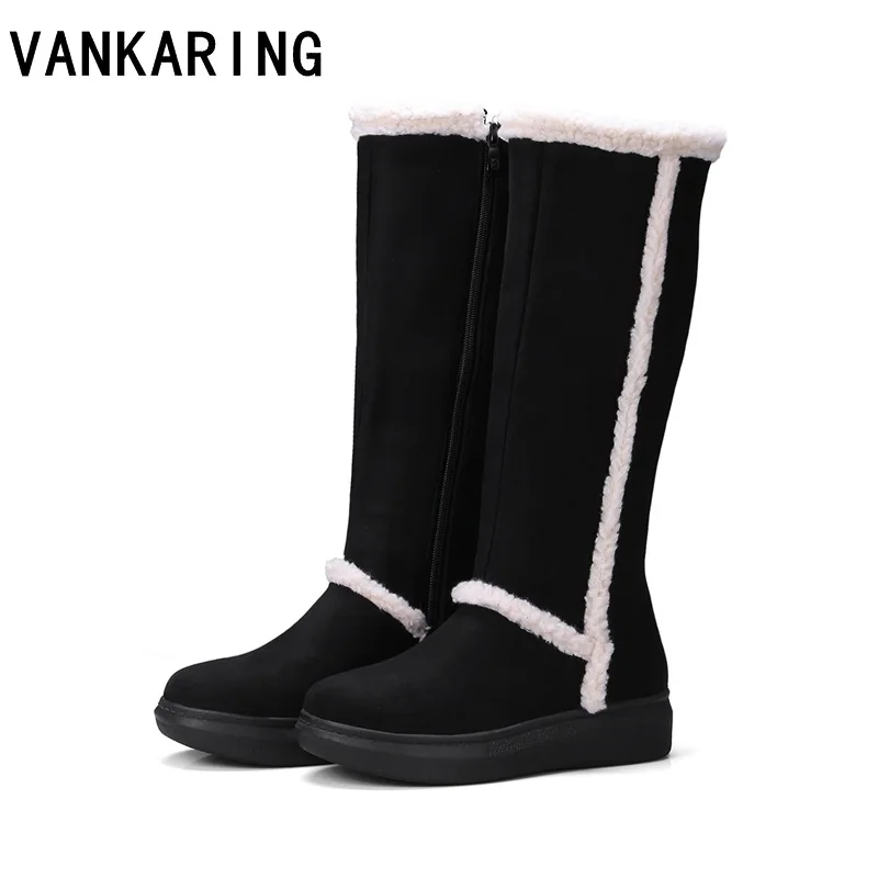 

VANKARING Large size warm snow boots round toe wedges platform women knee high boots quality faux fur thick winter boots women