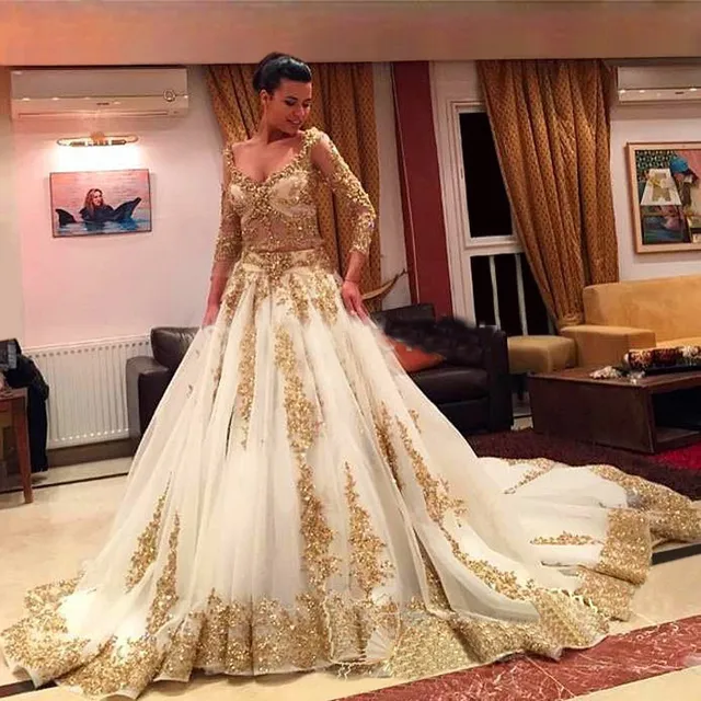 2017 Cinderella Train Luxury Two Pieces Wedding Dresses Arabic Ball 2017 Cinderella Train Luxury Two Pieces Wedding Dresses Arabic Ball Gown Gold Lace Beading 3