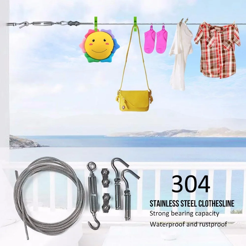 

Stainless Steel Clothesline 6m Portable Clothes Dryer Clothes Laundry Hanger 60kg Bearing with Cable Retractable System Hooks