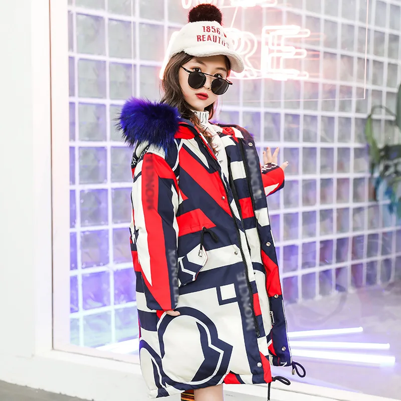 

Newly Children fashion duck down coat fur hoodied jacket parkas long print teen school girl design clothing jacket Russia winter