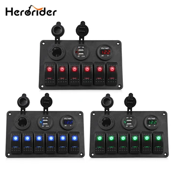 

Herorider 6 Gang Boat Rocker Switch Panel Dual USB Car Charger Voltmeter Auto Boat Marine Cigarette Lighter Led Car Switch Panel