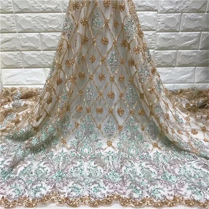 

African Lace Fabric 2019 High Quality Lace Embroidery Fabric 5Y Power Blue Tulle Lace Fabric For Lace Evening Dresses green