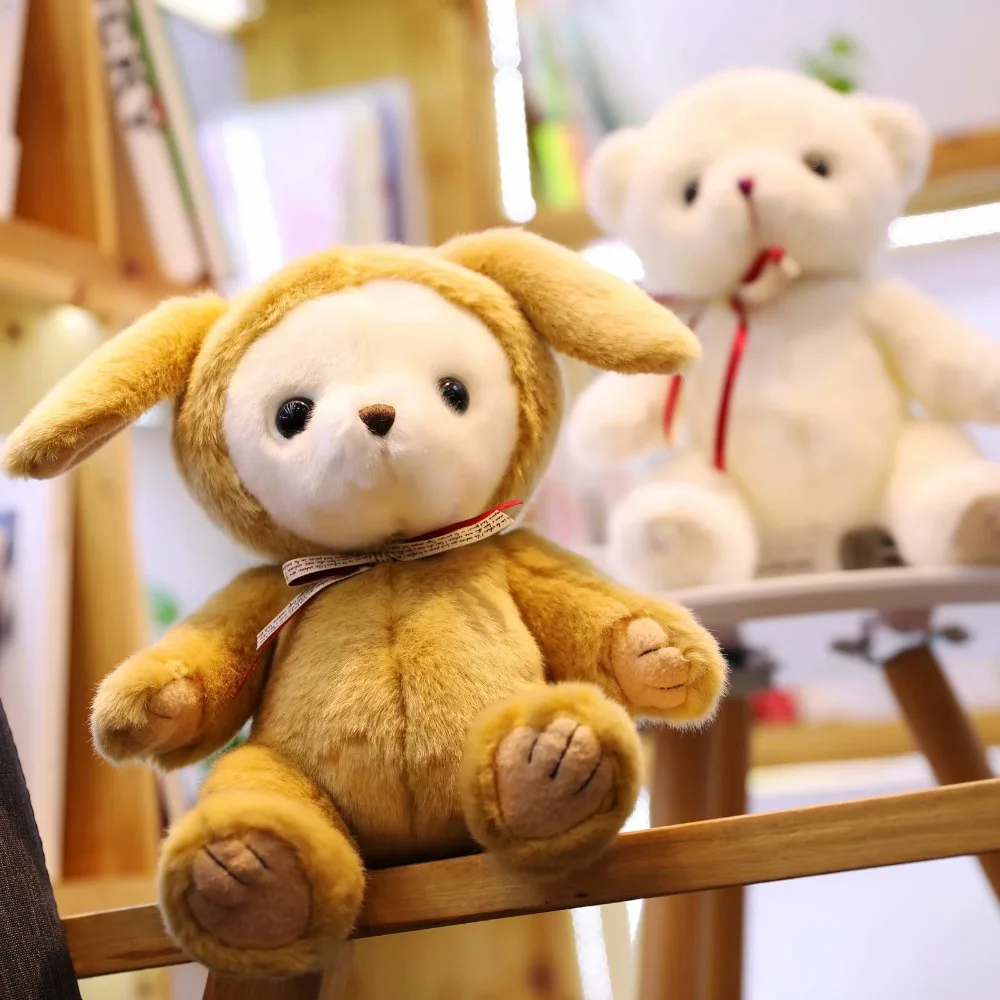 

Transformable Teddy Bear Stuffed Hoodie Rabbit Teddy Plushie Toy Pure White Adorable Stain Bow Knot Animal Doll Kids Gift 33cm