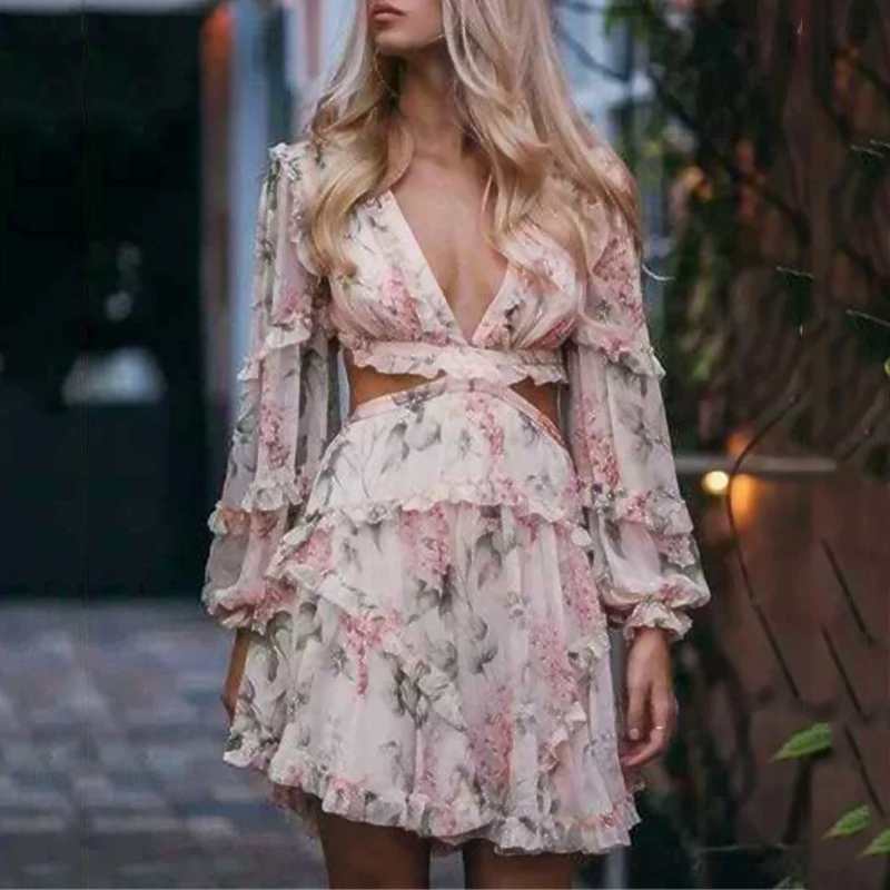 

Women Sexy Summer Dress 2019 Chiffon Deep V Cross Hollow Out Long Sleeve Flower Print Mini Dresses Female Vocation Beach Clothes