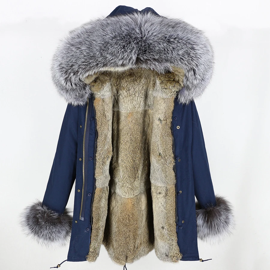 OFTBUY, пальто с натуральным мехом, зимняя куртка, Женская длинная парка, натуральный мех серебристой лисы, воротник с капюшоном, подкладка из натурального кроличьего меха, Толстая теплая брендовая - Цвет: 4