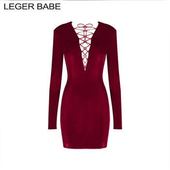 

2019 Fashion Women's Sheath Burgundy Velvet Lace Up Mini Dress Sexy Plunging Neckline Long Sleeve Bodycon Party Dresses