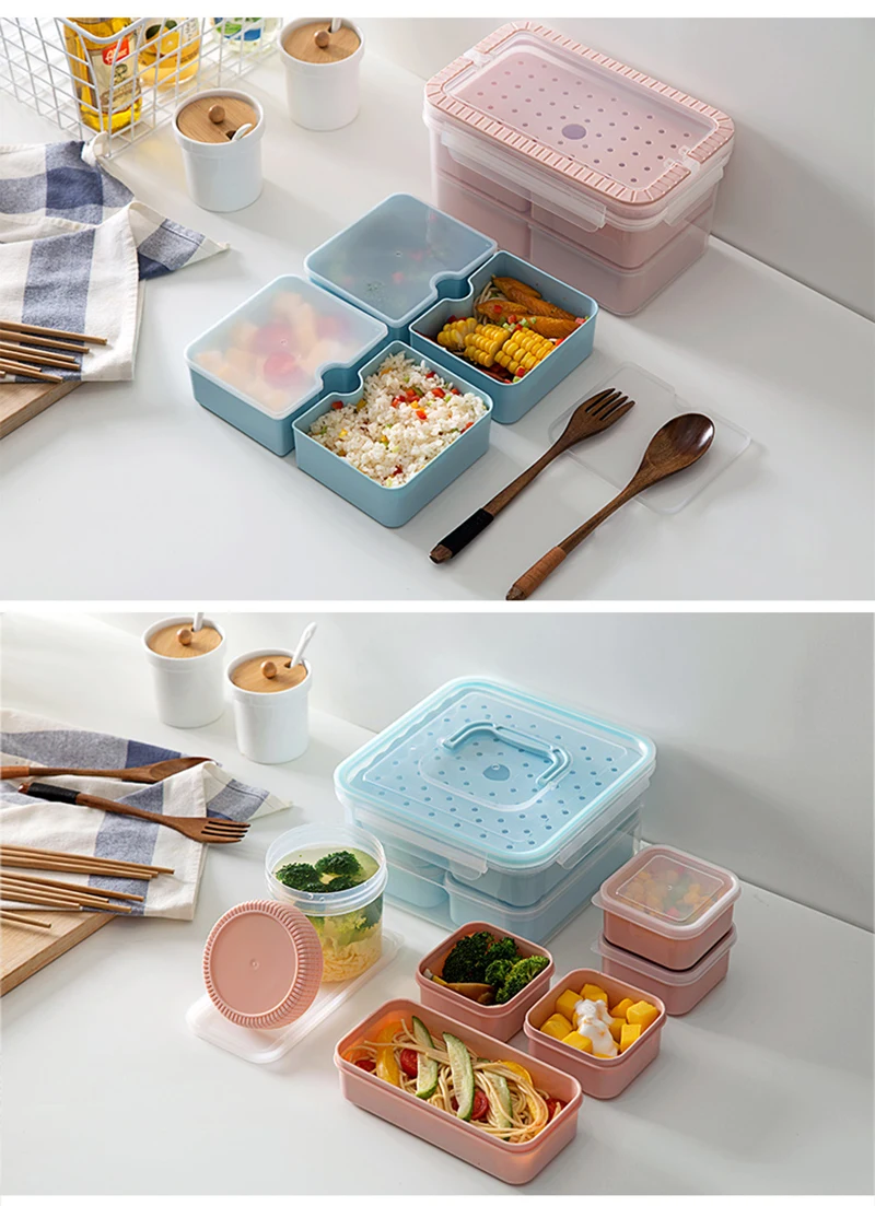TUUTH Microwave Lunch Box Set Independent LatticeLeak-Proof Refrigerator Storage Box Portable Bento Box For Kids White Collar A3