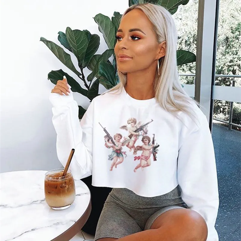 

Jo Kalin Autumn Angle Print Cropped Sweatshirt 2019 New Fashion Streetwear Women Short Hoodies Loose Pullover Sweat Femme