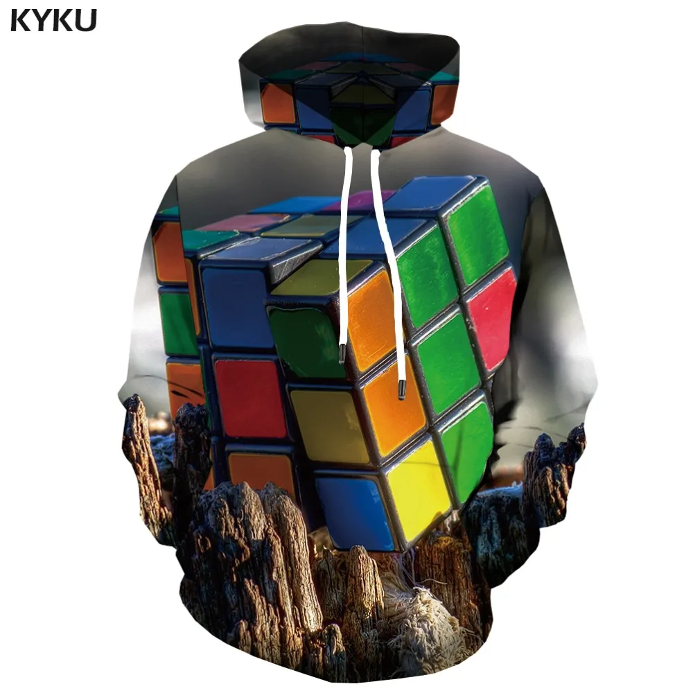 

KYKU Brand Rubiks Cube Hoodie Men Squared Hoodes 3d Mountain Hoodie Print Geometric Hooded Casual Gothic Hoody Anime Long Sleeve