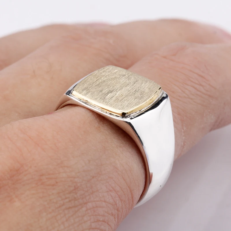 New Arrival 925 Sterling Silver Men Ring Simple Elegant Gold Color Square Brushed ring surface Vintage Men Wedding Jewelry