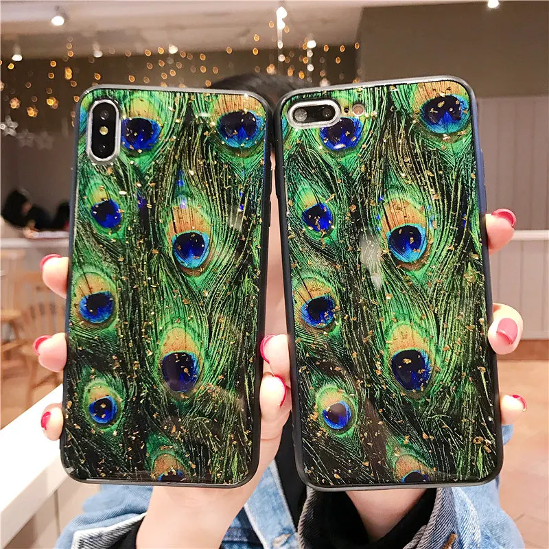 

Hot Feather Gold Foil Peacock Phone Case For iPhone X 10 XS Max XR Soft TPU Cover For iPhone 7 8 6 6s Plus Glitter Luxury Coque