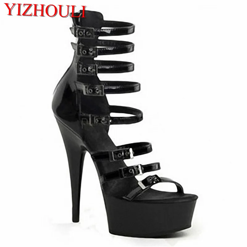 Summer high heeled black buttoned, 15cm pole dancing sandals 6 inch