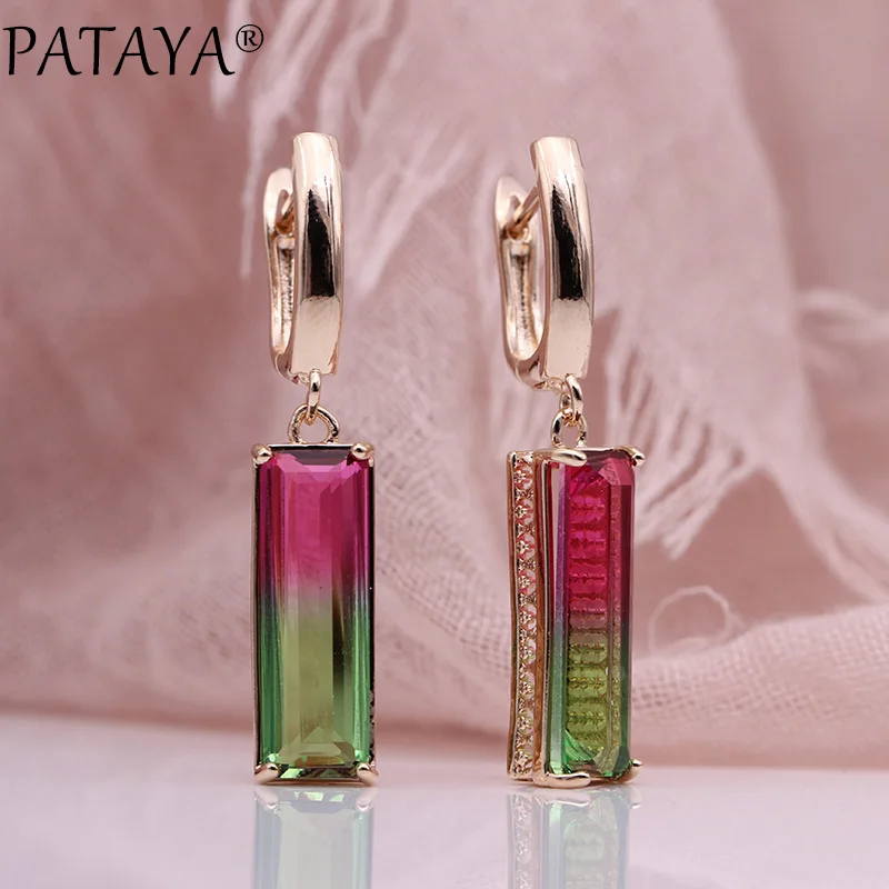 585 rose gold PATAYA, новинка, квадратные серьги с турмалиновым цирконием, длинные висячие серьги, 585, розовое золото, белые серьги, женская мода, для свадьбы, вечеринки, хорошее, милое ювелирное изделие - Окраска металла: 585 rose gold
