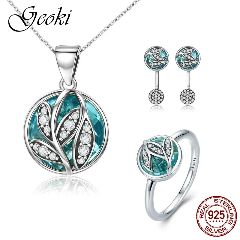 

Geoki 925 Sterling Silver Micro White Cubic Zirconia Leaf Ring&Drop Earrings Blue Ocean Crystal Pendant Necklace Jewelry Sets