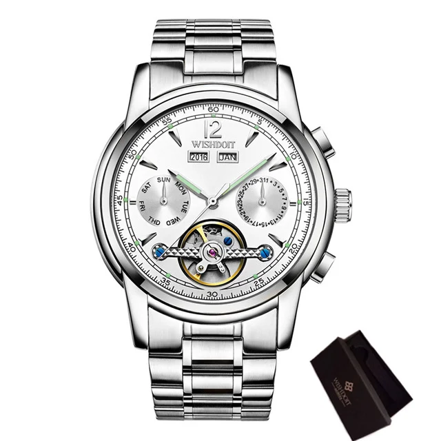 steel silver white WISHDOIT роскошный бренд Tourbillon механические часы для мужчин бизнес Автоматическая Дата нержавеющая сталь Водонепроницаемый светящиеся мужские часы - Цвет: steel silver white
