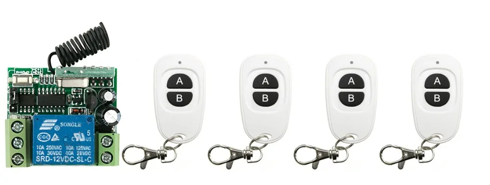 

DC12V 1CH 10A RF Wireless Switch Relay Receiver Remote Controllers & 4* White AB keys Waterproof Transmitter window/Garage Doors