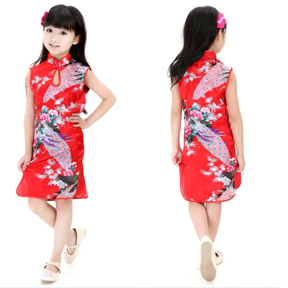 2Y-8Y Baby Girl Dress Peacock Sleeveless Slim Traditional Dress Cheongsam Girls Clothes Chinese Style Qipao baby chinese dress