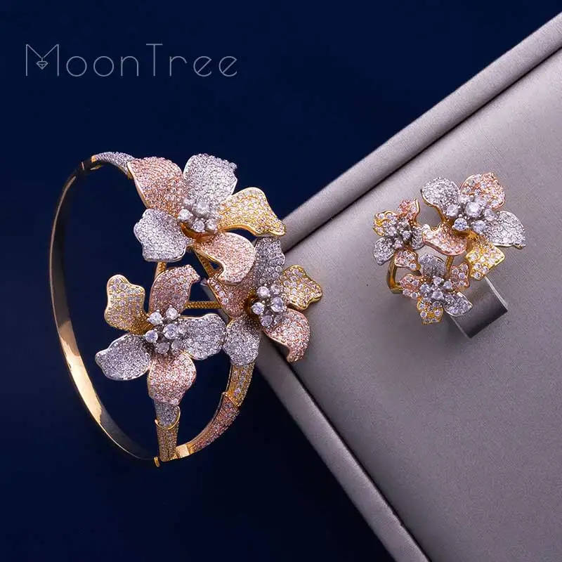 

MoonTree Flower Leaf Fashion Luxury 3 Tone Full Cubic Zirconia Women Wedding Ceremony Bracelet Bangle Ring Set