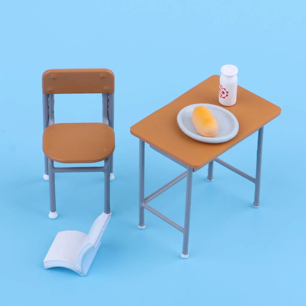 Dollhouse Miniature 6 Pieces Retro School Desk Chair Set Kids Pretend Play Toy Mini Room Life Scenes Decor