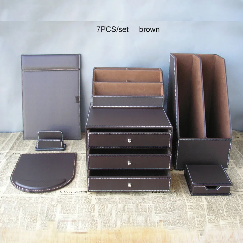 7PCS/set PU leather business office stationery desk organizer storage set file holder 3-drawer cabinet note case card stand K258