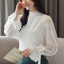 Women clothing 2019 fashion bow tie womens shirts Long sleeve white Lace blouse shirt see through Spring hollow out blusas 669A Women clothing 2019 fashion bow tie womens shirts Long sleeve white Lace blouse shirt see through Spring hollow out blusas 669A