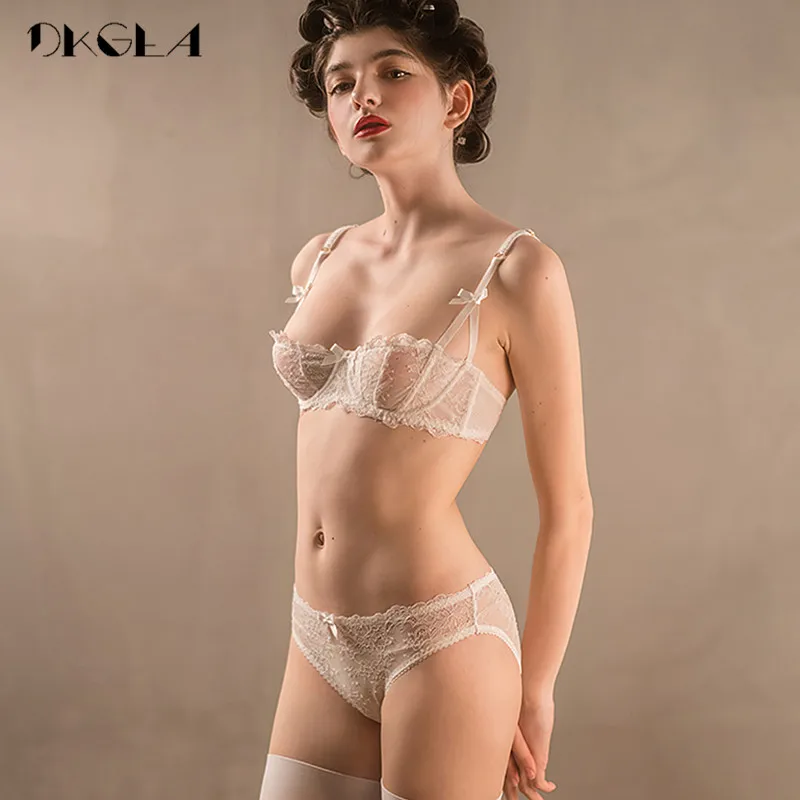  Ultrathin Underwear Set Plus Size 34 36 38 E Cup Sexy Bras Lingerie Lace Women Transparent Bra Set 