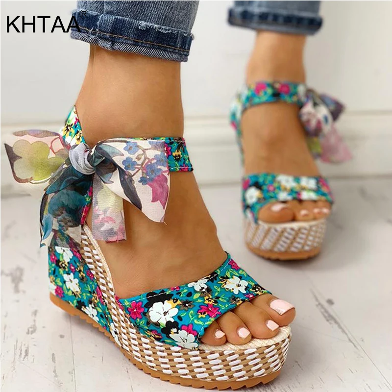 

KHTAA Summer Women Wedges Sandals Boho Shoes Ladies Ankle Strap Floral Bowknot Platform Peep Toe Fashion Sandalias Lady Footwear