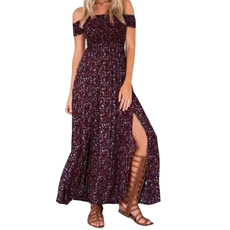 2017 Fashion Women Long Maxi Dress Floral Front Split Off Shoulder Printed Beach Dresses Party Dress long-floral-maxi