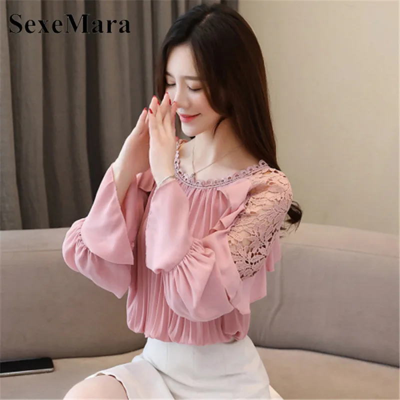 

Korean version of the fashion O-neck long-sleeved wild ladies loose shirt solid color was thin lace stitching pink chiffon shirt