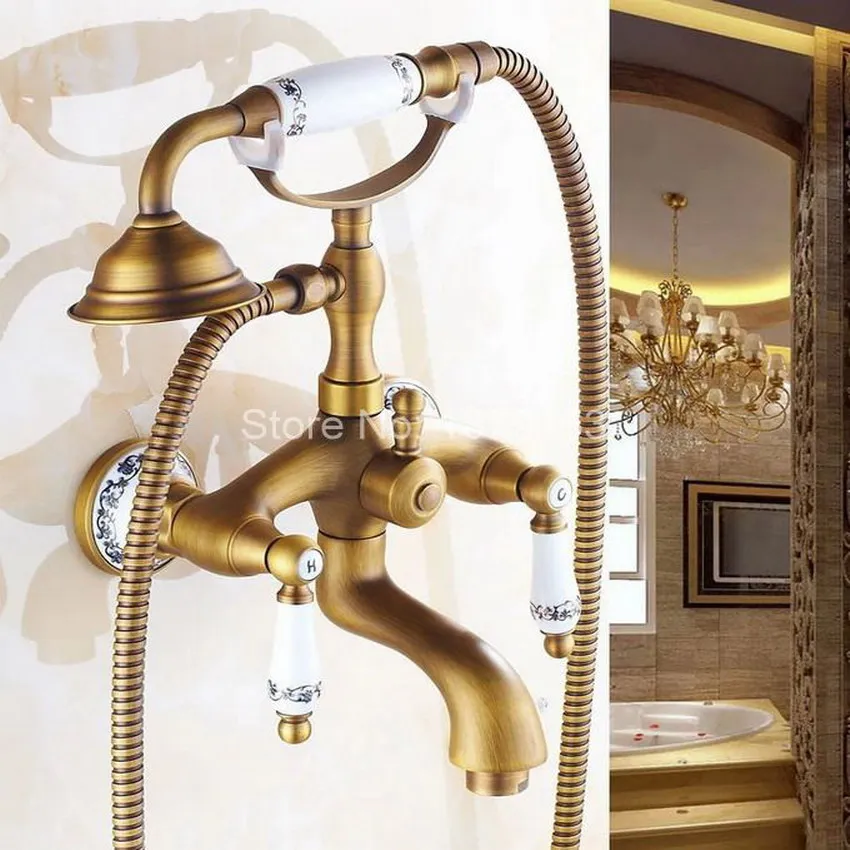 Antique Brass Wall Mounted Bathroom Tub Faucet Dual Ceramics Handles