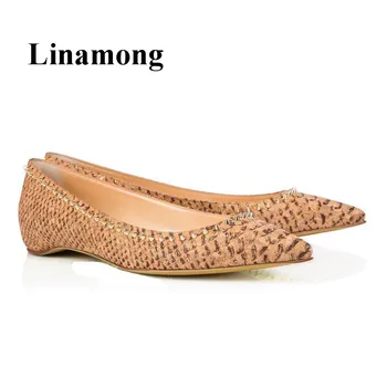 

Comfortable Handmade Pointed Toe Shallow Snakeskin Pattern Flats Shoes Fashion Rivet Solod Women Flats Shoes Spring Autumn