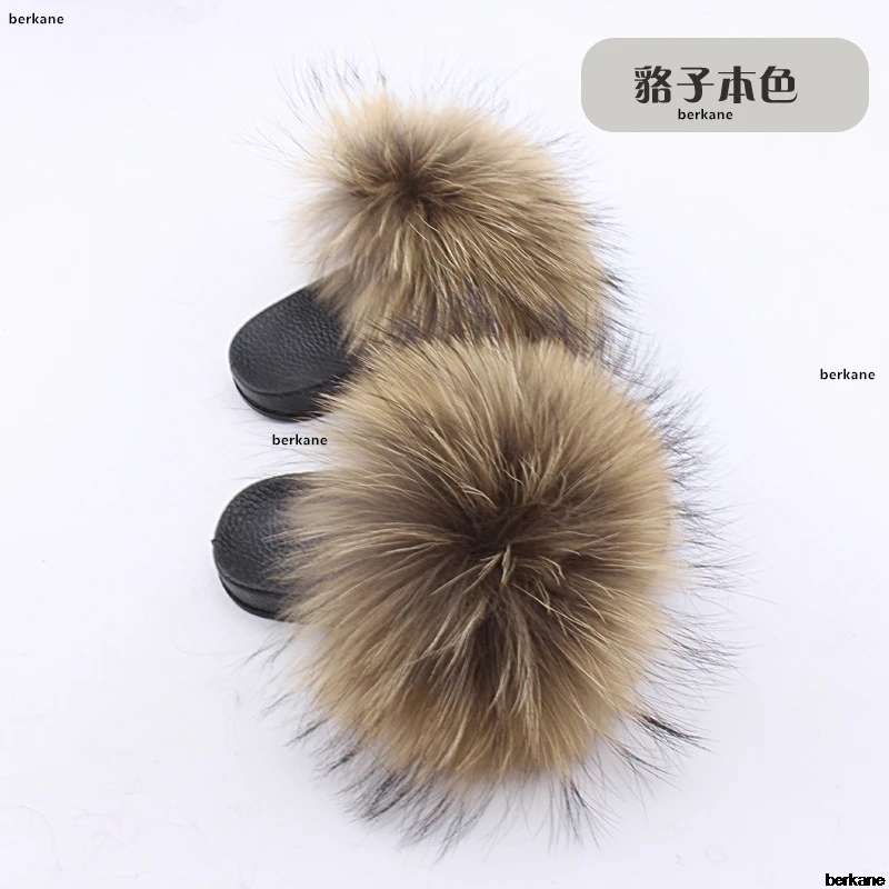 Real Fox Slippers Kids Winter Fur Child Home Slides Girl Flop Flips Raccoon Fluffy Cute Flats Beach Summer Children Boys Fashion