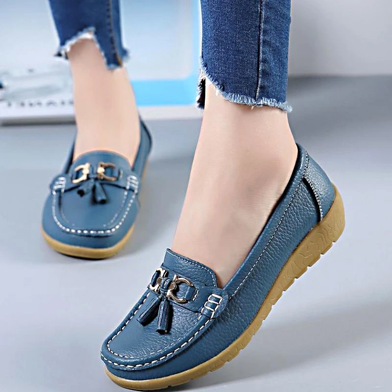 Mocasines de piel auténtica para mujer, zapatos planos sin cordones, con  borlas, de talla grande, para verano|Zapatos planos de mujer| - AliExpress