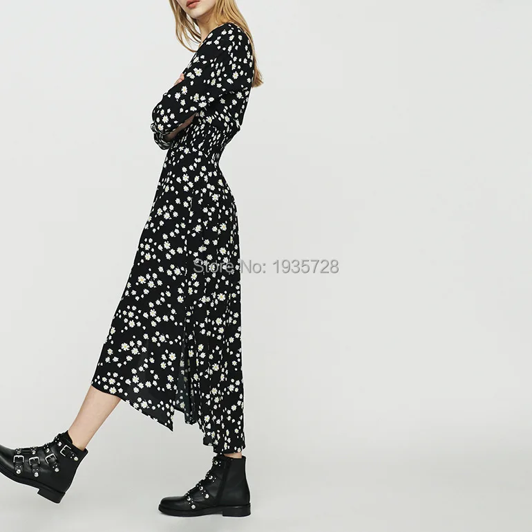 

Black Viscose 100% Wrap V Neck Daisy Print Gathering Waist Midi Dress