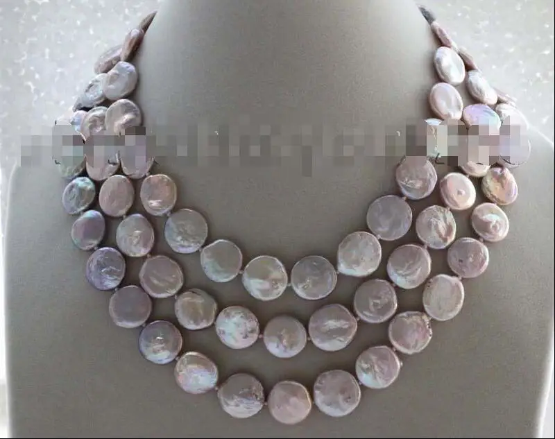 

Free shipping hot sale Women Bridal Wedding Jewelry >>17-18-19" 3Rows Genuine Natural 16mm Purple Coin Pearl Necklace #f1795