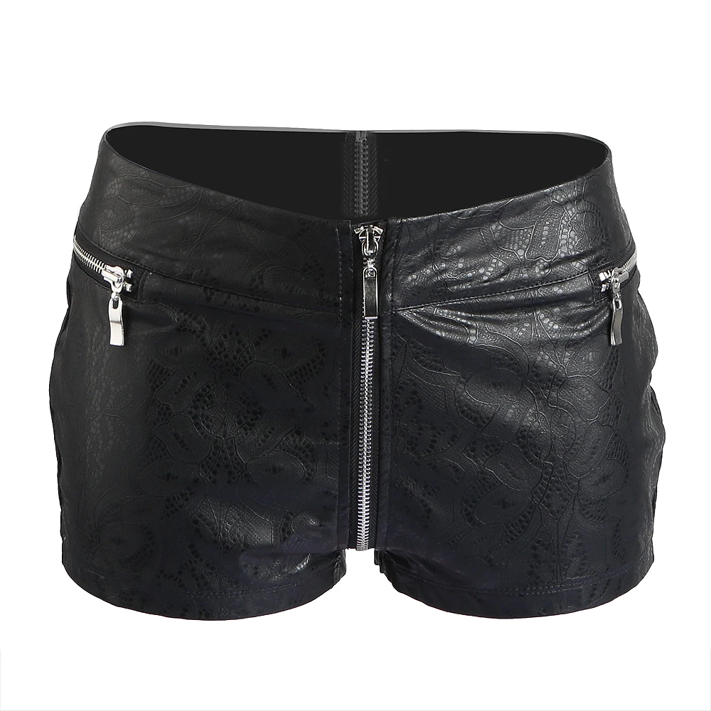 Sexy PU Faux Leather Women Shorts Low Waist Front Zipper to Back