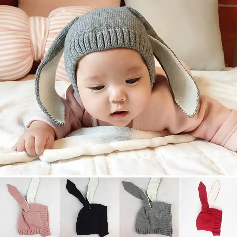 Осенне-зимняя вязаная милая детская шляпа с длинными ушками кролика, теплая шапка, шапочка для новорожденных девочек и мальчиков, шапка с кроликом для фотосессии