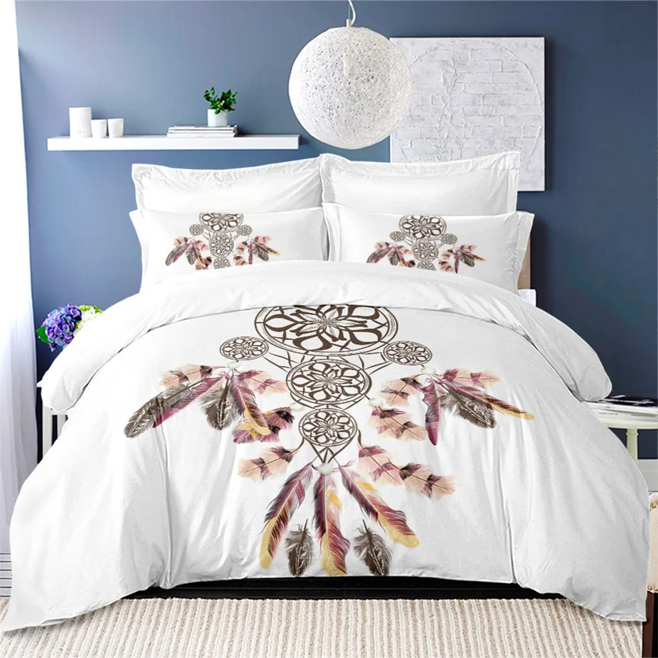 

Dream Catcher Bedding Set White Duvet Cover Set Queen King Bedding Simple Feather Printed Bedclothes Pillowcase Home Textile