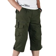 Summer Men's Casual Cotton Cargo Shorts Overalls Long Length Multi Pocket Hot breeches Military Capri Pants Male Tactical Short