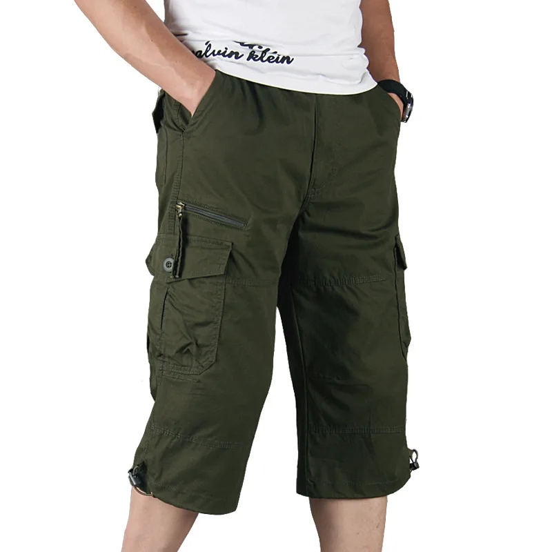 

Summer Men's Casual Cotton Cargo Shorts Overalls Long Length Multi Pocket Hot breeches Military Capri Pants Male Tactical Short