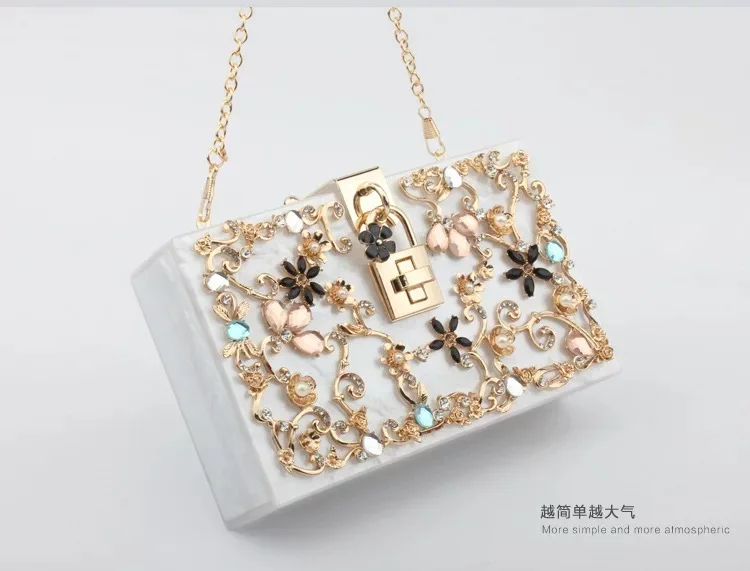 Роскошный акриловый клатч с бриллиантами, вечерняя сумка с вырезанными цветами на цепочке, сумка на плечо, вечерние сумки-мессенджеры, дамская сумочка - Цвет: WHITE