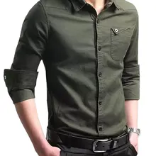 Весна осень Мужская рубашка модные тонкие Военные повседневные мужские рубашки отложной воротник сплошной длинный рукав рубашка