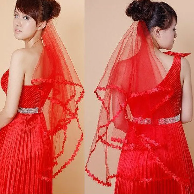 

new red Short Wedding Bridal veil elbow 75cm Length Edge