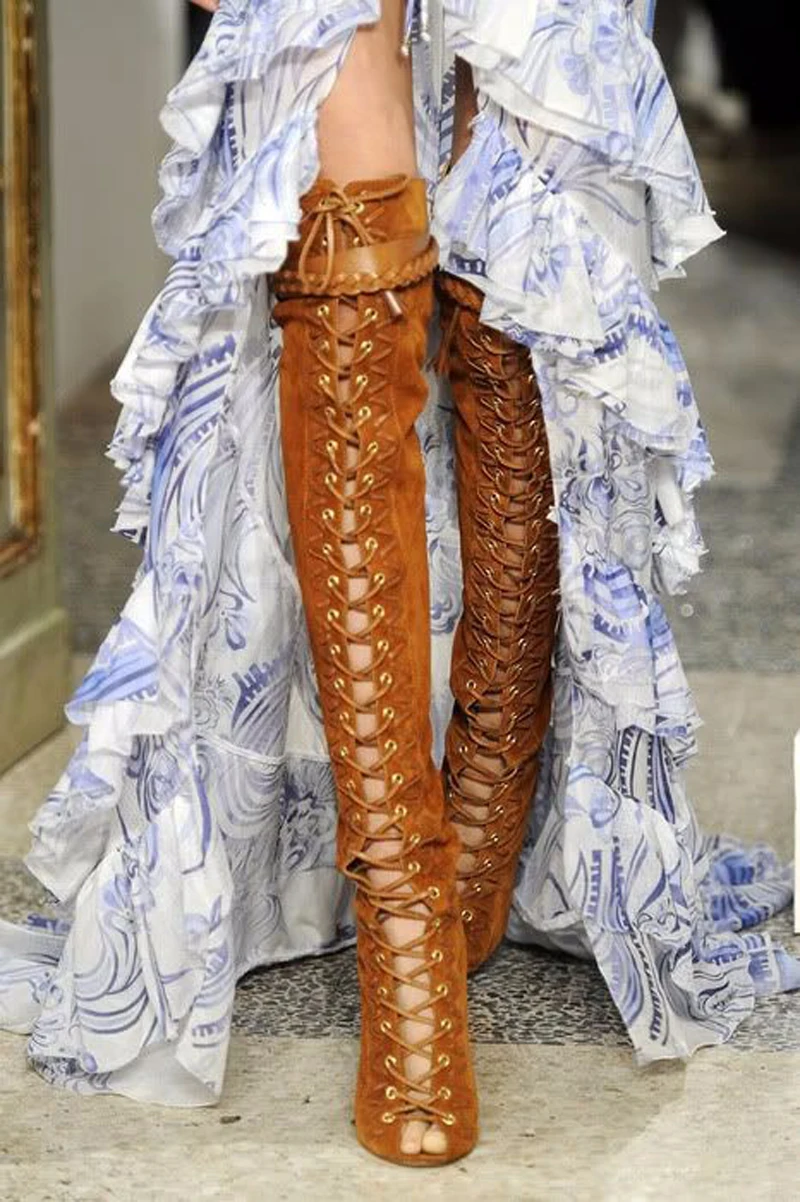 

Ladies Super Fashion Open Toe Suede Leather Lace-up Gladiator Boots Cut-out Stiletto High Heel Long Boots Dress Shoes