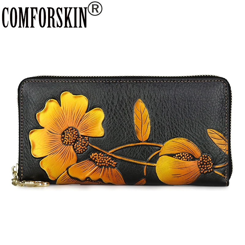 

COMFORSKIN Genuine Leather Long Embossed Flower Wallets New Arrivals Large Capacity Multi-Card Bit Zipper Purse With Hand Rope