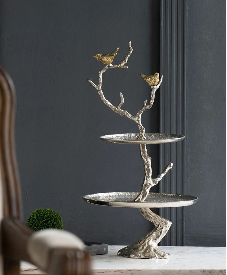 61cm Hight 2 Tier Handcrafted Aluminum Serving Tray Bird Stand Handcrafted Aluminum Serving Tray