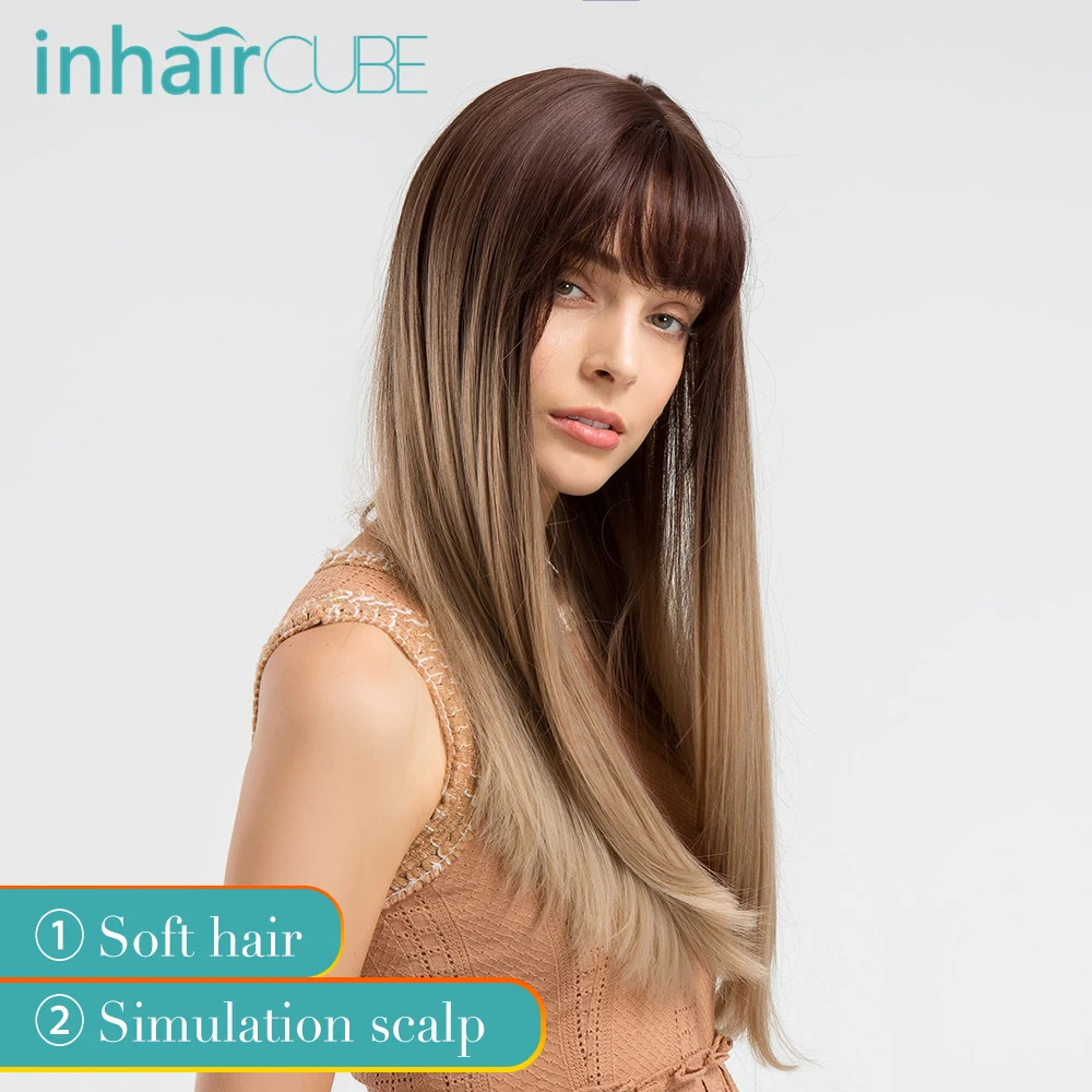 INHAIR cube 22 для женщин Искусственные парики с Синтетические чёлки волос Ombre блондин длинные прямые волосы реалистичные моделирование купить на AliExpress
