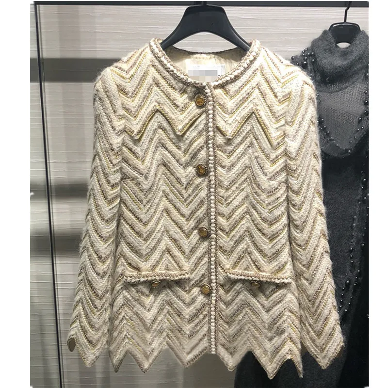 

Luxury Brand Designer 2 Piece Set Wool Blend Wave Striped Knitted Sweater Cardigan and Knitted Skirt Set